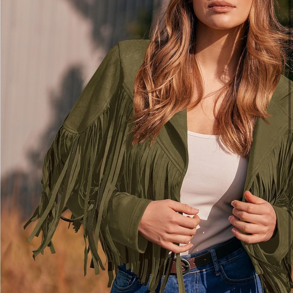 Women's Suede Fringe Jacket Long Sleeve Slim Faux Leather Boyfriend Cropped Top - Picture 1 of 6